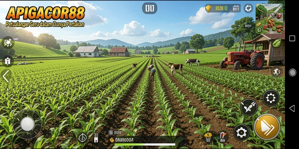 Tangkapan layar gameplay APIGACOR88 yang menunjukkan ladang yang hijau dan subur.