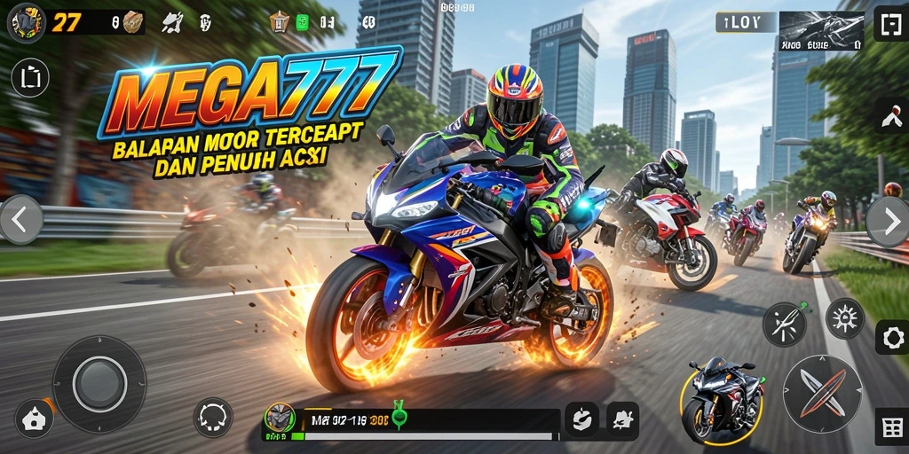Tampilan gameplay MEGA777 dengan aksi balapan motor yang seru.